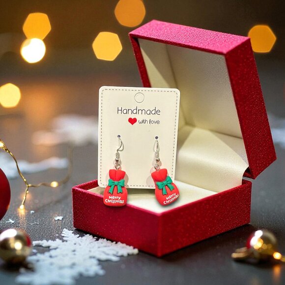 Handmade Christmas Gift Bag Earrings | Polymer Clay Holiday Jewelry - Picture 9 of 12